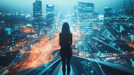 Abstract business woman stands on Smart digital Innovation city with connection network reciprocity over the twilight cityscape. of future wireless digital city and social media networking systems