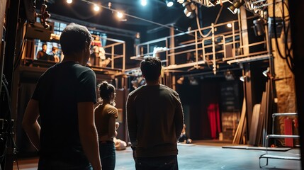 Three people look out onto an empty theater stage.
