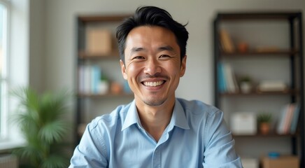 Smiling Asian male delivering engaging language seminar via video call in tidy home office