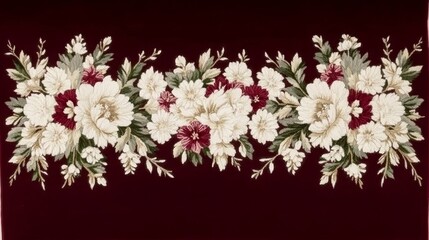 Elegant Floral Border Design on Dark Red Fabric