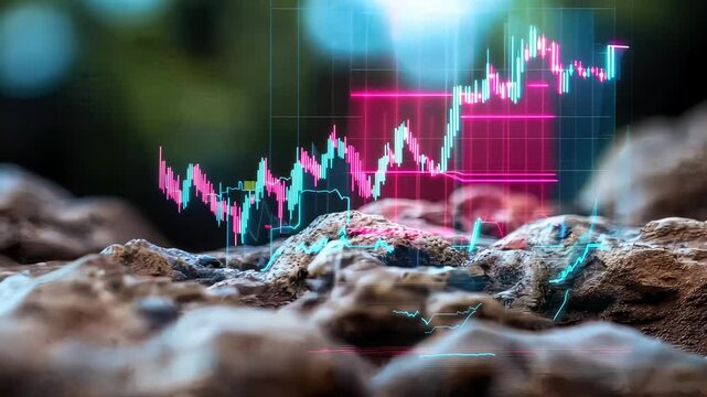 Blurred rocks with overlay of red and blue stock market graph