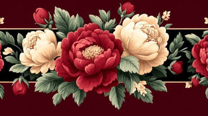 Elegant Floral Border with Red and Cream Peonies