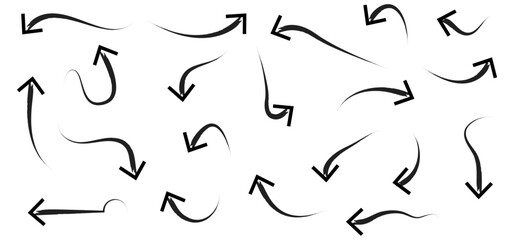Hand-drawn Doodle arrows icon set or graphics collection. Pointer icons. Pointer graphic symbols. Sketch arrow design for business plan and education. Vector illustration.