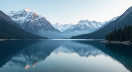 Calm mountain lake mirroring stunning snow-capped peaks under a clear blue sky