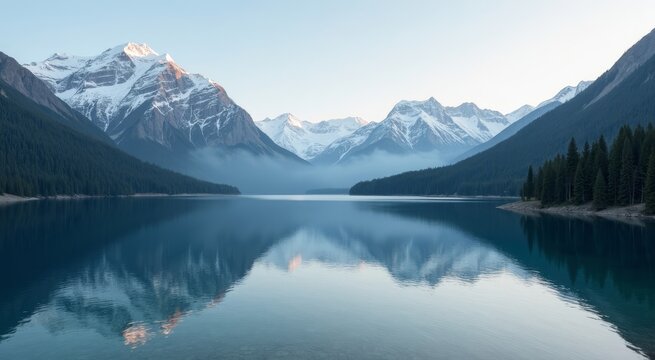 Calm mountain lake mirroring stunning snow-capped peaks under a clear blue sky - Powered by Adobe