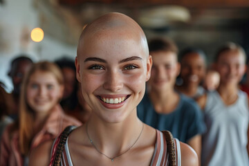 Fototapeta premium Unity and Diversity: Young Multicultural Women Laughing in a Park, Emphasizing Bald Girl's Joyful Expression