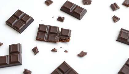 A broken dark chocolate bar on a soft white background