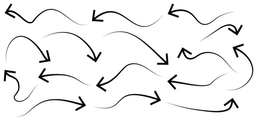 Hand-drawn Doodle arrows icon set or graphics collection. Pointer icons. Pointer graphic symbols. Sketch arrow design for business plan and education. Vector illustration.