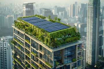 Sustainable urban building with rooftop greenery and solar technology