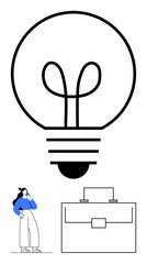 Light bulb, businesswoman with thoughtful pose, simple briefcase. Ideal for creativity, problem-solving, innovation, career growth, business strategy, entrepreneurship abstract line flat metaphor