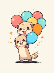 Adorable Ferrets and Balloons: A Whimsical Illustration