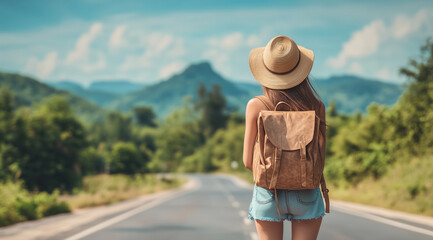 Young woman traveler through roads that leads to the mountains