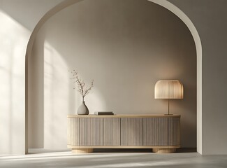 An empty light gray wall in an interior mockup with a sleek sideboard and a modern lamp, 