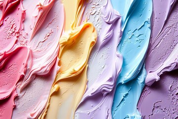 Close-Up Shot of Various Cosmetic Cream Smears in Vibrant Colors and Textures on a Soft Pastel Background