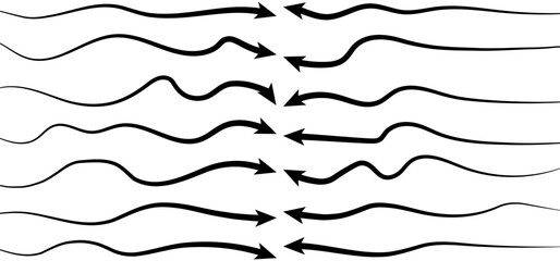 Hand-drawn Doodle arrows icon set or graphics collection. Pointer icons. Pointer graphic symbols. Sketch arrow design for business plan and education. Vector illustration.