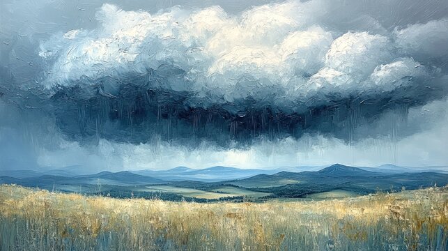 Stormy clouds over rolling hills, textured paint.