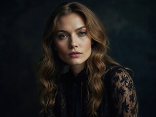 Fototapeta premium Elegant portrait of a woman with long hair, wearing a black lace top, set against a dark background in an intimate photography studio