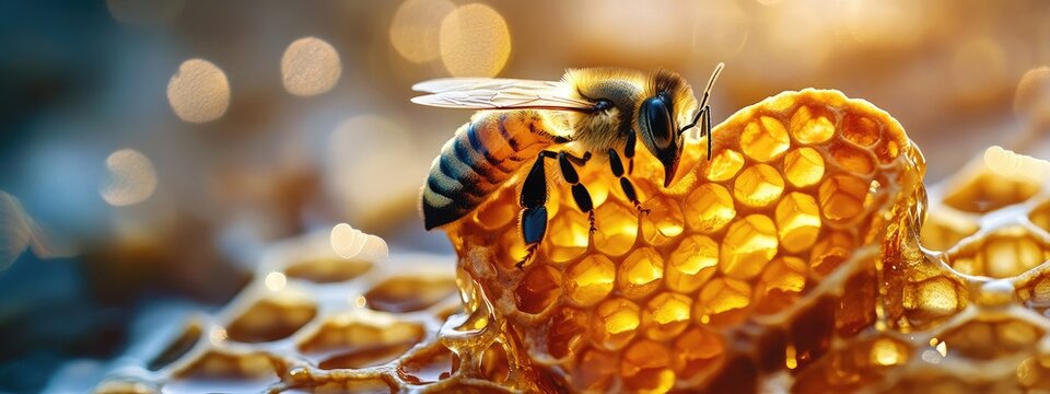 Heart shaped honeycomb with bees. Selective focus.