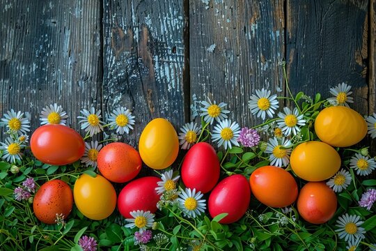 Elevated view of vibrant Easter eggs forming a heart shape, adorned with flowers and foliage on a rustic wooden backdrop. Ideal for spring-inspired photography or festive card design. - Powered by Adobe
