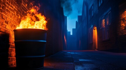 Obraz premium A burning barrel in a dimly lit alleyway with blue and orange hues, evoking a sense of mystery