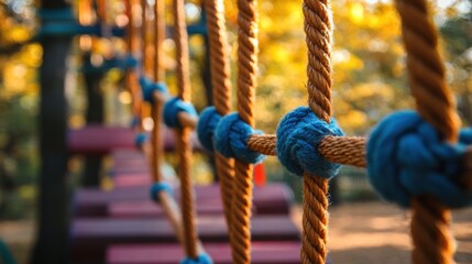 Autumn Playground: Close-up of a Colorful Rope Climbing Frame
