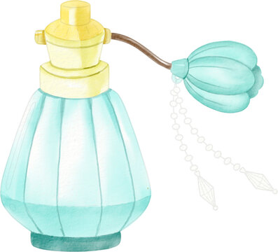 watercolor perfume bottle, teal and yellow, vintage clip art preview