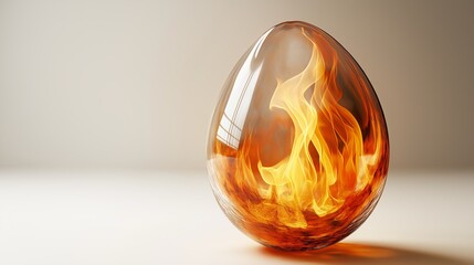Glass egg with fire effect creating a striking visual in a minimalist setting