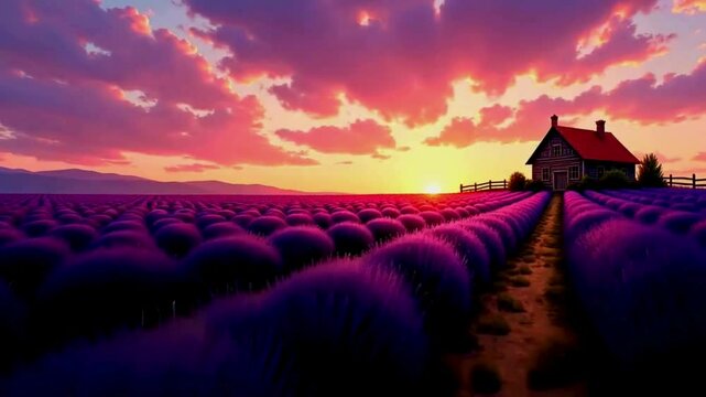 Endless fields of purple lavender under a sunset sky in pink and gold hues. A dirt path winds through the flowers, leading to a rustic cottage on the horizon. Style: Digital impressionist painting
