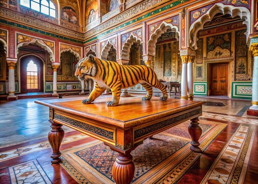 Intricate Tiger Table at Karauli City Palace, Rajasthan, India - Architectural Detail