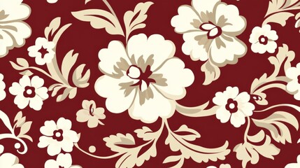 Elegant Floral Pattern Design Burgundy Background White Flowers Beige Leaves Seamless Repeat