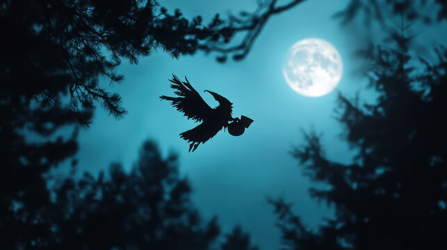 Enigmatic flight of baba yaga under the moonlit forest sky