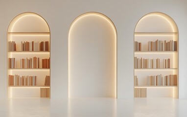 Architectural minimalist white wall interior with seamless bookshelves and softly illuminated arched doorways, mockup-ready blank area