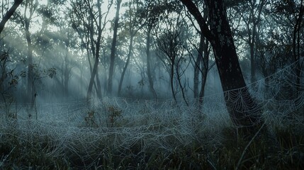 Obraz premium Misty forest scene showcasing intricate spider webs glistening in morning light among trees