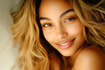 Obraz premium Commercial marketing conceptual art. Attractive smiling mixed-race girl - for ads, banner and online banner networks use. Long trim - beach waves hair. Colored hair beauty trends.