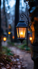 Mournful pathway illuminated by lanterns in mystical forest at dusk