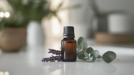 mockup Glass bottle of essential oil surrounded by lavender and greenery