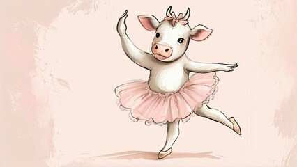 Naklejka premium Adorable Cow in a Tutu: Cute and Whimsical watercolor Illustration for Dancing Cow Day
