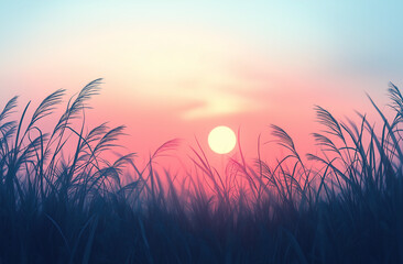 A dreamy, blurred background of tall grass and sky at sunrise, with soft sunlight filtering through the leaves, creating an ethereal atmosphere.