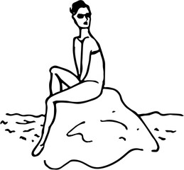 Sea, beach summer time travel. Vacation. Hand drawn vector isolated. Woman on a beach on a rock 