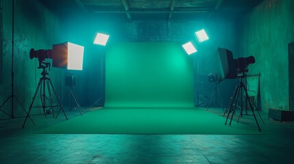 Green screen studio with uniform green backdrop and soft lighting, ideal for photoshoots or film work
