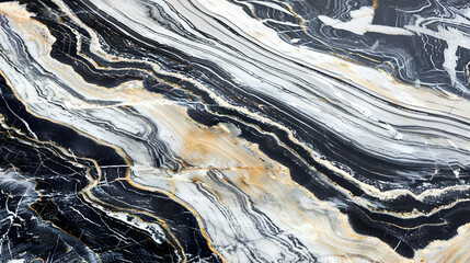 A close-up view of a striking black and white marble surface with golden veins.