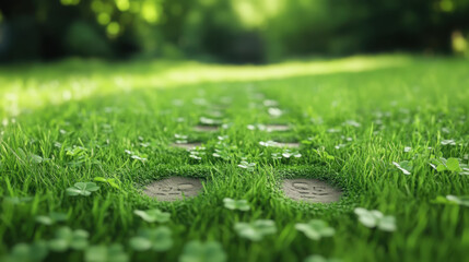 Enchanted leprechaun footprints in lush clover meadow for st. patrick's day magic