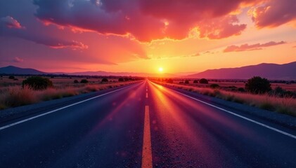 Fototapeta premium Twilight descends on empty asphalt ribbon, sun dipped below horizon, road, trees