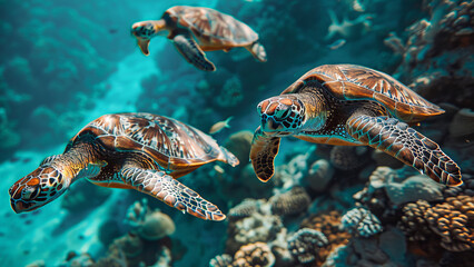 Obraz premium Sea Turtles Swimming in Clear Blue Ocean
