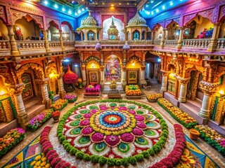 Janmashtami Festive Decor: Intricate Temple Architecture & Colorful Rangoli