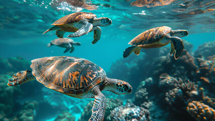 Obraz premium Sea Turtles Swimming in Clear Blue Ocean