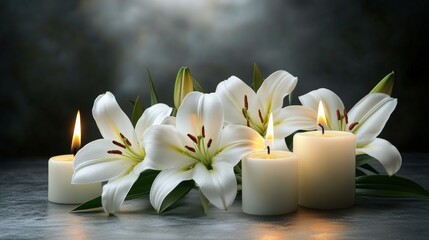 Funeral banner design featuring burning candles and white lilies on a grey background