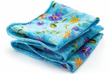 Elegant folded fabric displaying vibrant floral embroidery on a bright blue background, perfect for textile art enthusiasts isolated on transparent background