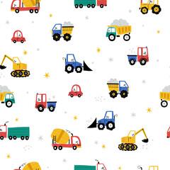 Seamless vector pattern with cute cars - Truck, tractor, cargo crane, bulldozer, excavator. Drawing for children's textiles with cars and vehicles for boys. Kids car background. Scandinavian style