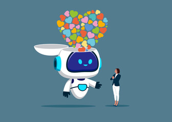 Open robot head with explosion of love. Love affair. Modern flat vector illustration